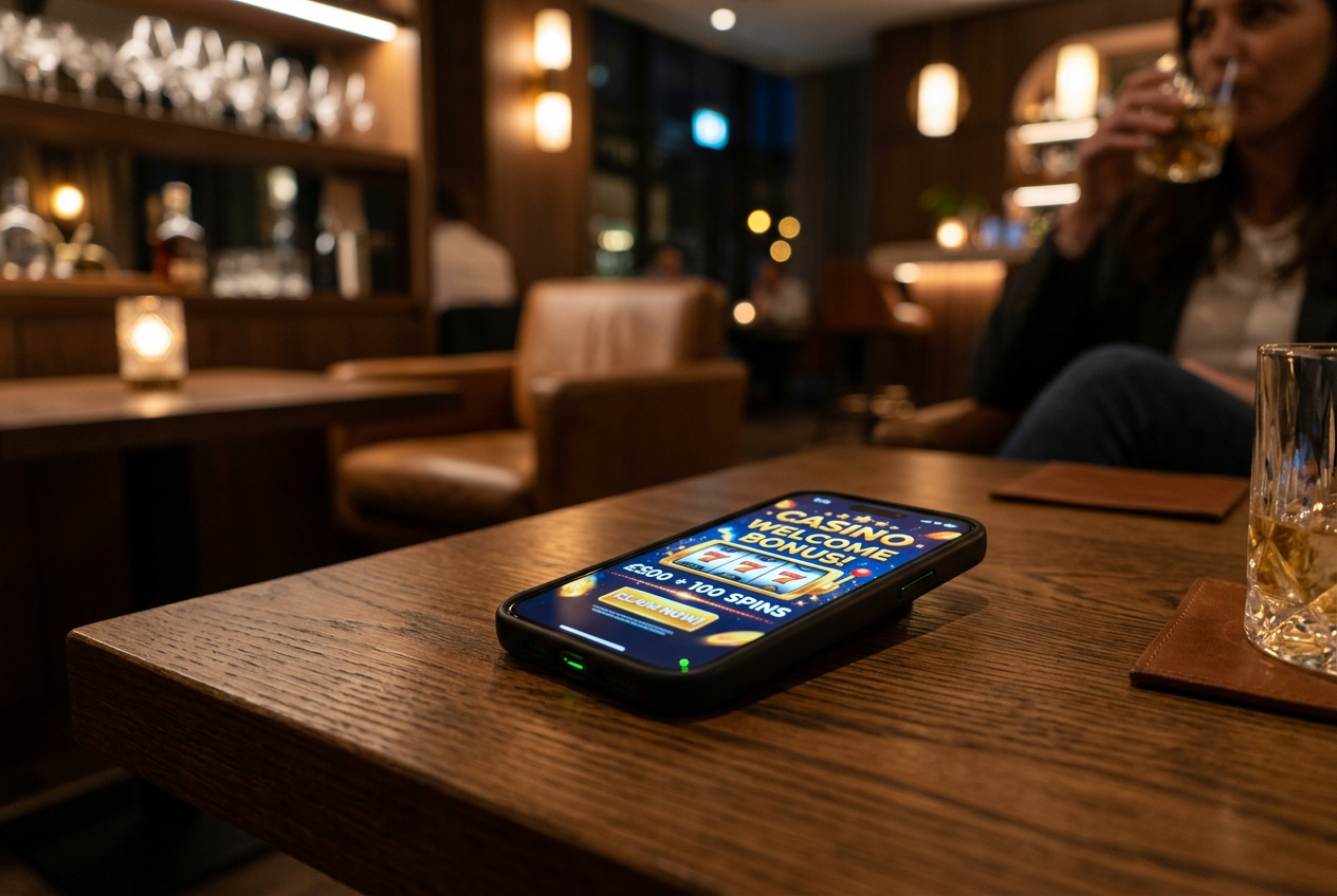 Ένα smartphone που εμφανίζει προσφορές online καζίνο στην οθόνη.