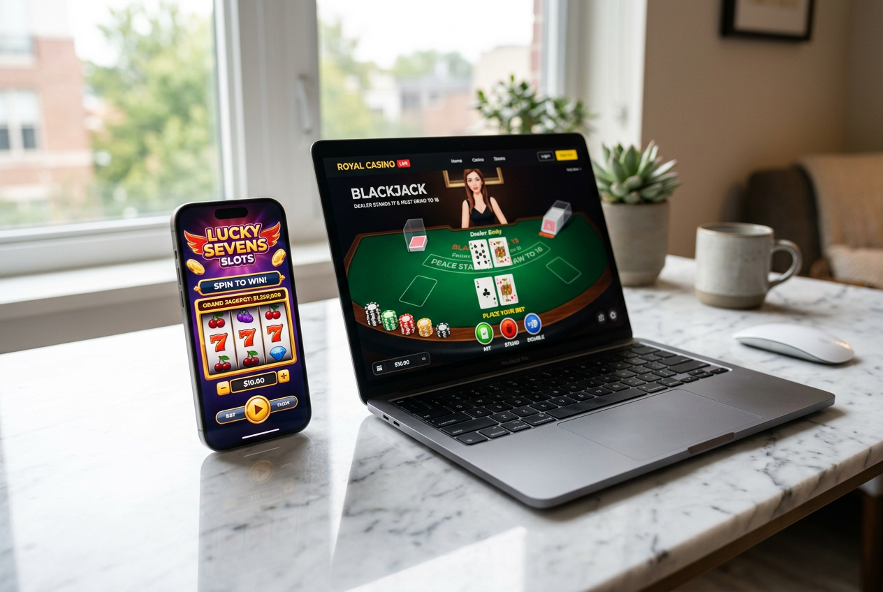 A modern smartphone and laptop displaying colorful online casino interfaces on a desk.